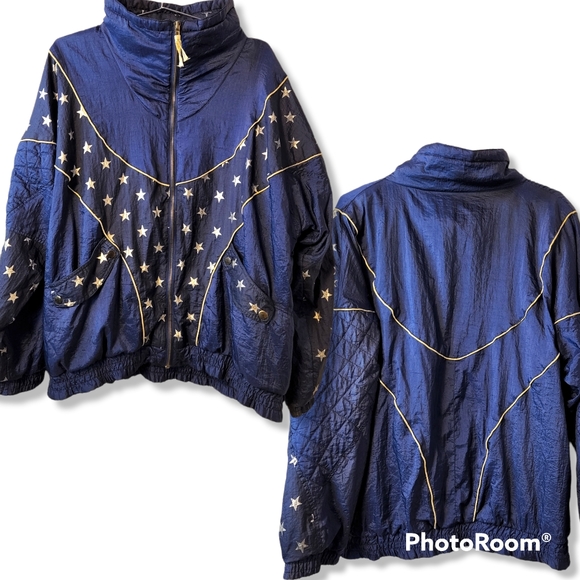🌟 Vtg 80s Nylon Jogger Jacket | Star Print | Large - Picture 2 of 8